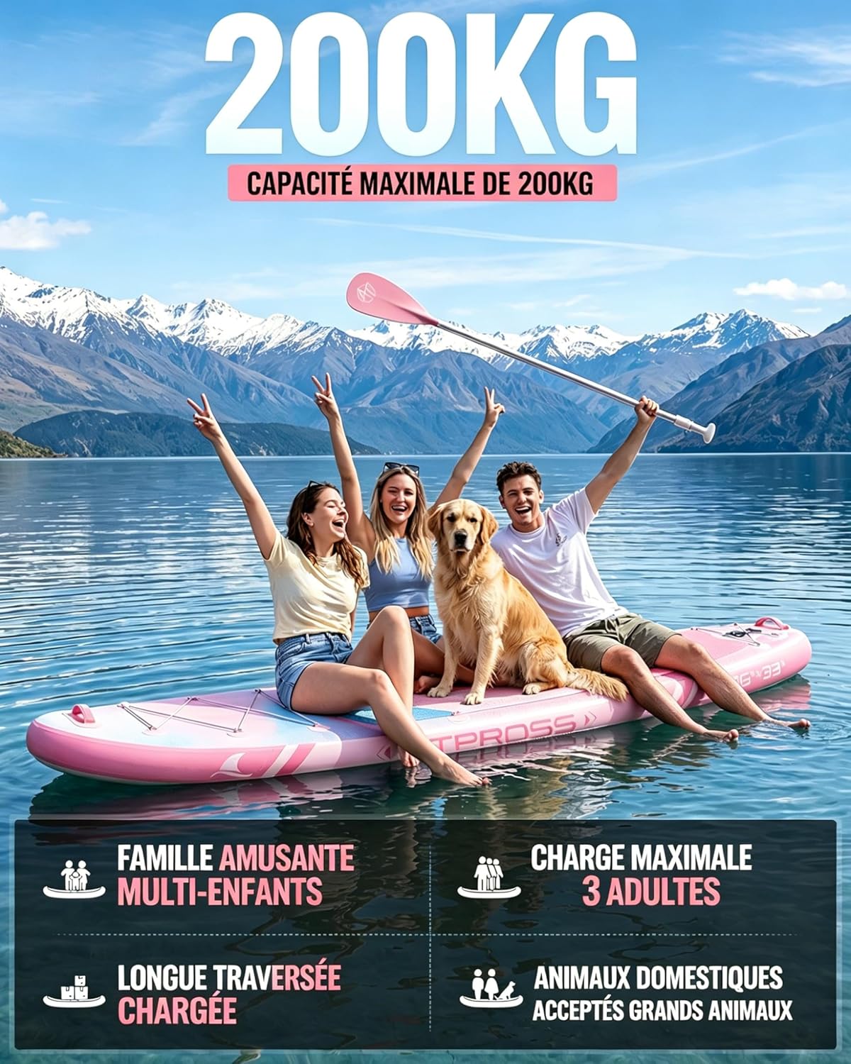 Stand Up Paddle Gonflable Adulte avec Siège Kayak & Accessoires, 320x84cm Planche de Sup Extra Large pour 2 Personnes, Charge 200kg, Kayak Gonflable 2 Places Stable et Antidérapant pour Surf