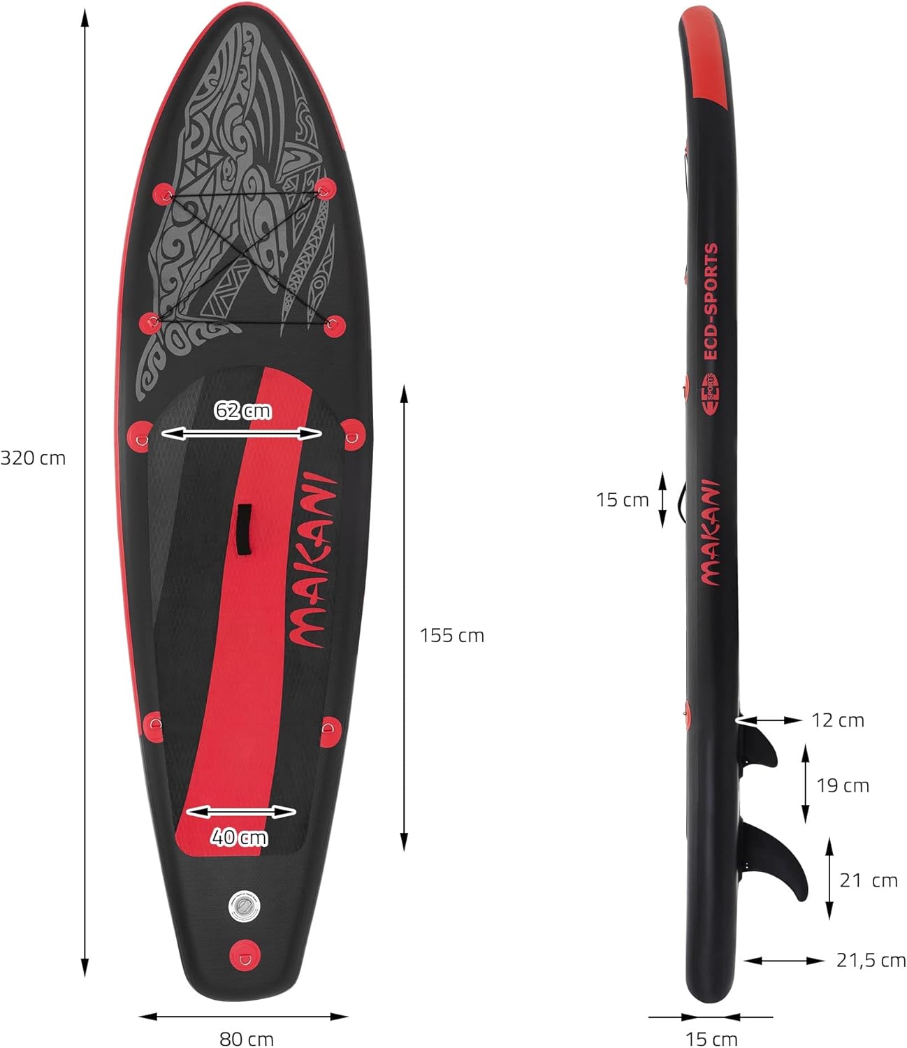 jardinite - Stand Up Paddle Board - 305/308/320/380 cm - PVC, 120/150 kg, 10/15 cm d'épaisseur