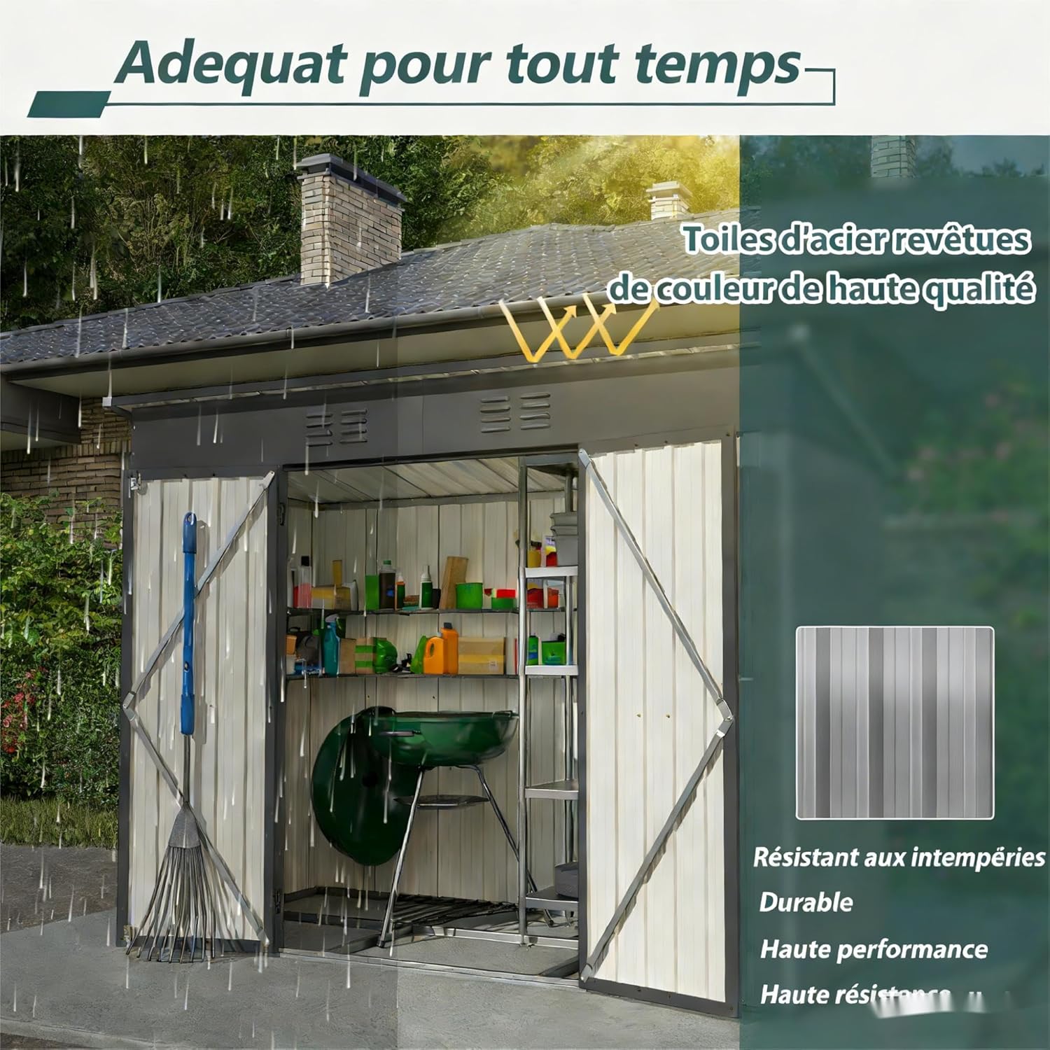 Abri de jardin métal compact 229x111x182cm, verrouillable, fondation