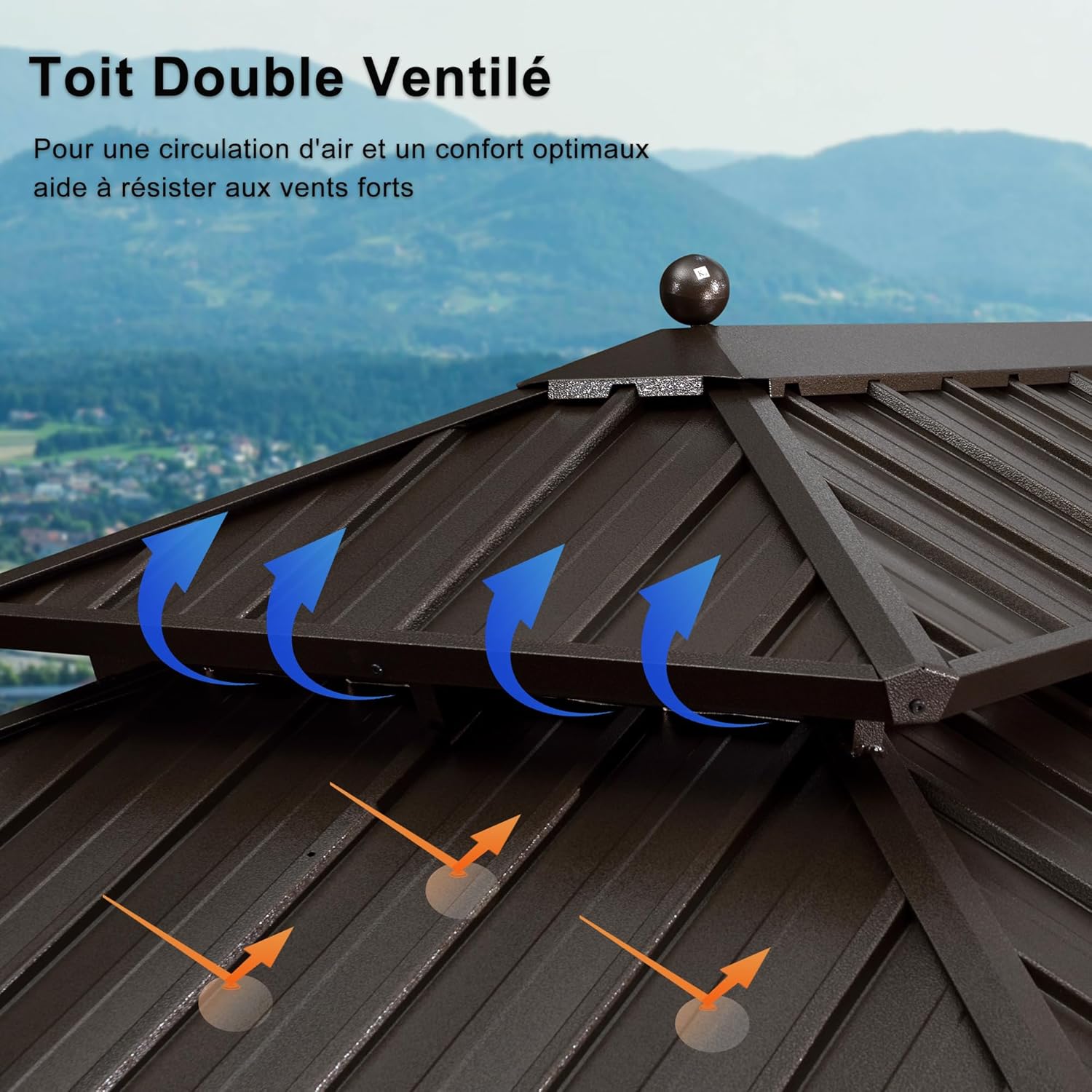 jardinite - tonnelle jardin extérieur - 6x3,65m - alu, éclairage, rideaux, gouttière, poteaux renforcés, bronze
