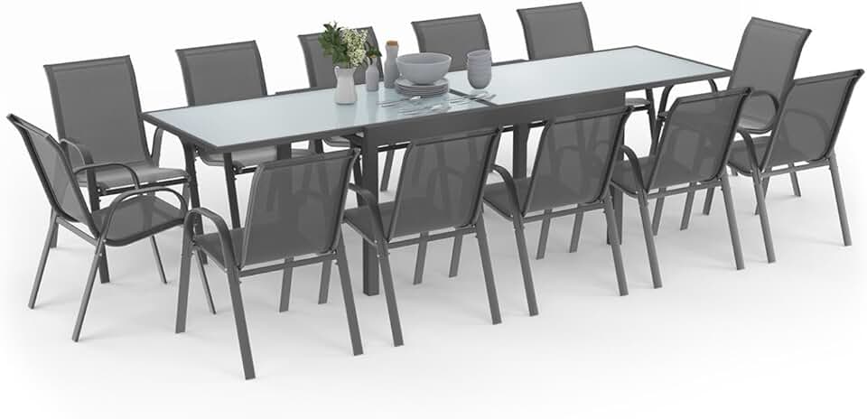 jardinite - Madrid salon jardin, table extensible 135-270 cm, 12 chaises empilables, gris anthracite