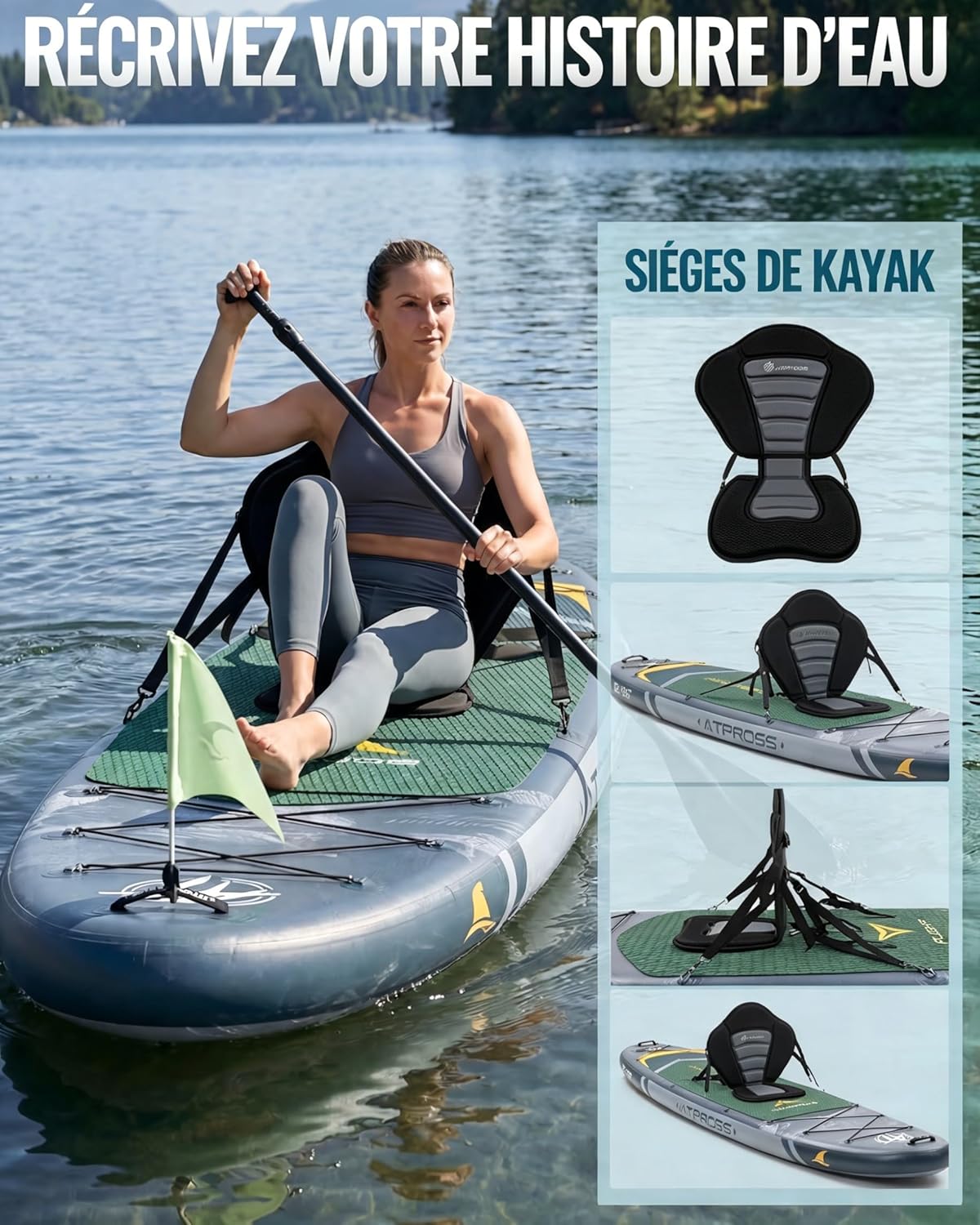 Stand Up Paddle gonflable 320x84cm, 2 places, charge 200kg, siège kayak
