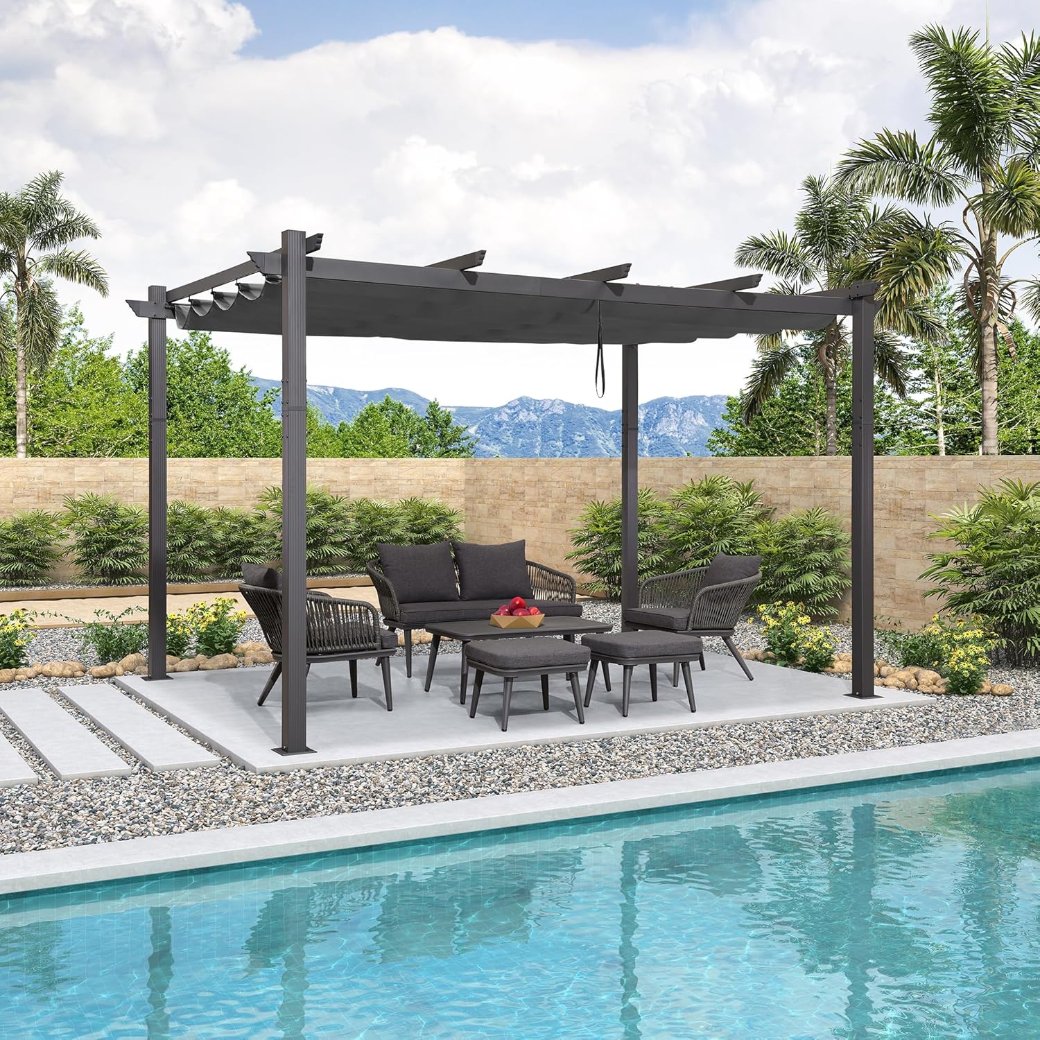 jardinite - Pergola aluminium, 3,65x3m, toile coulissante, gris