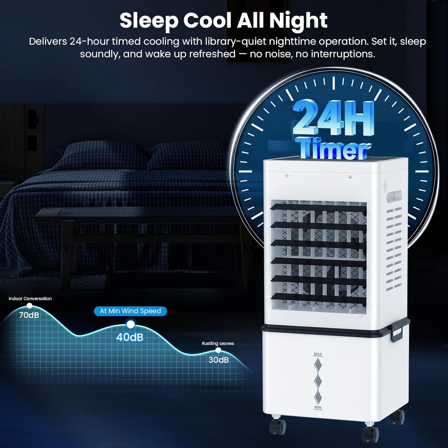 Climatiseur mobile - refroidisseur évaporatif 12 L - 6 vitesses, télécommande, minuterie 24h, 45W