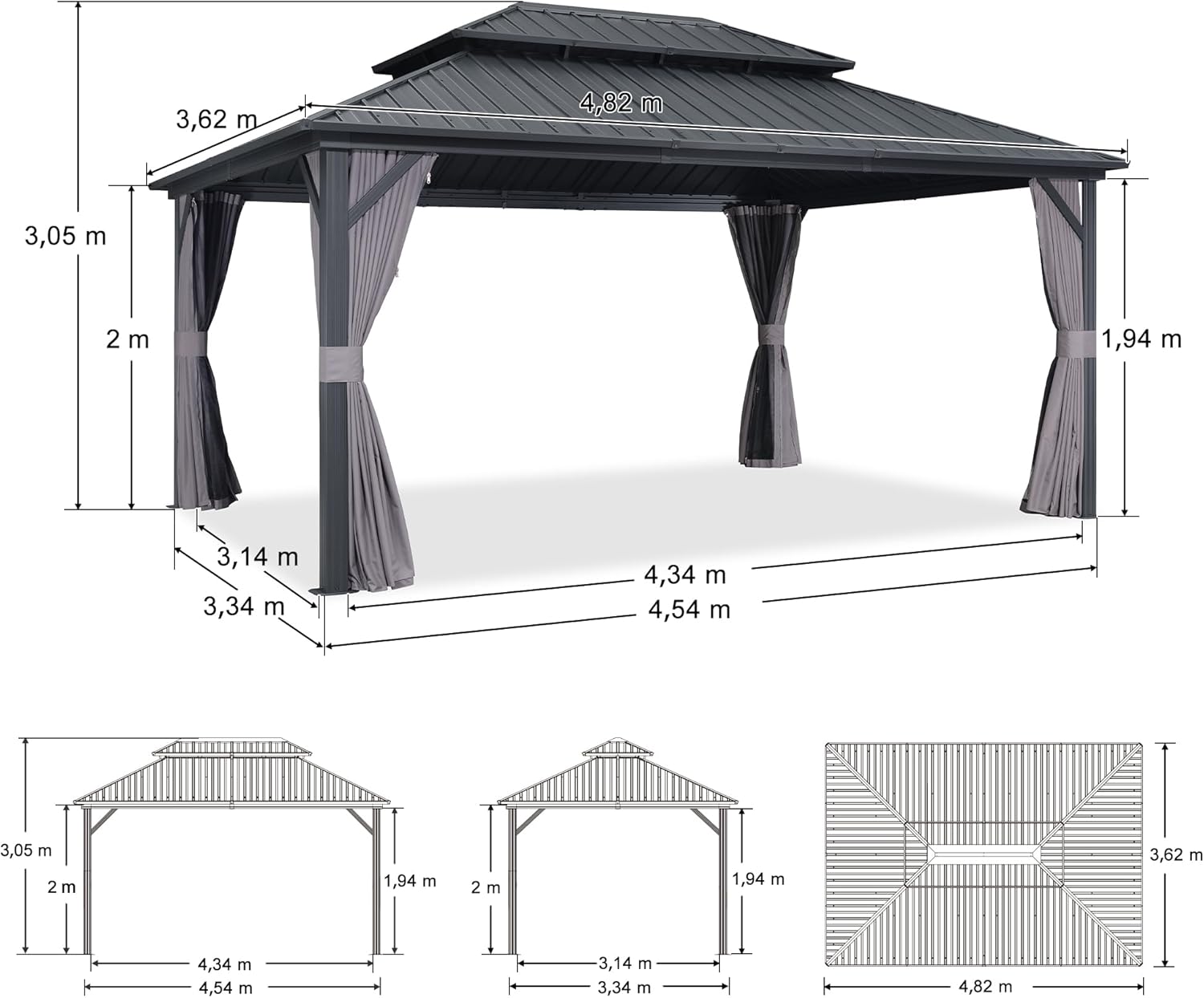 jardinite - pergola série double toit - 4,85x3,65 m - alu acier, rideaux, moustiquaire