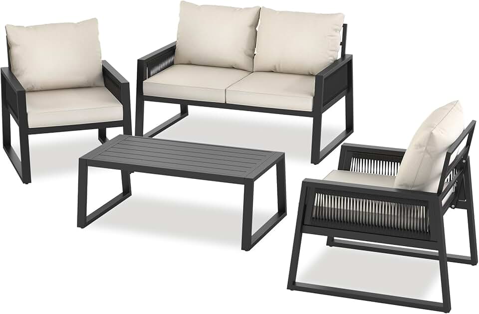 jardinite - Salon jardin alu 4 places, canapé, fauteuils, table, coussins inclus