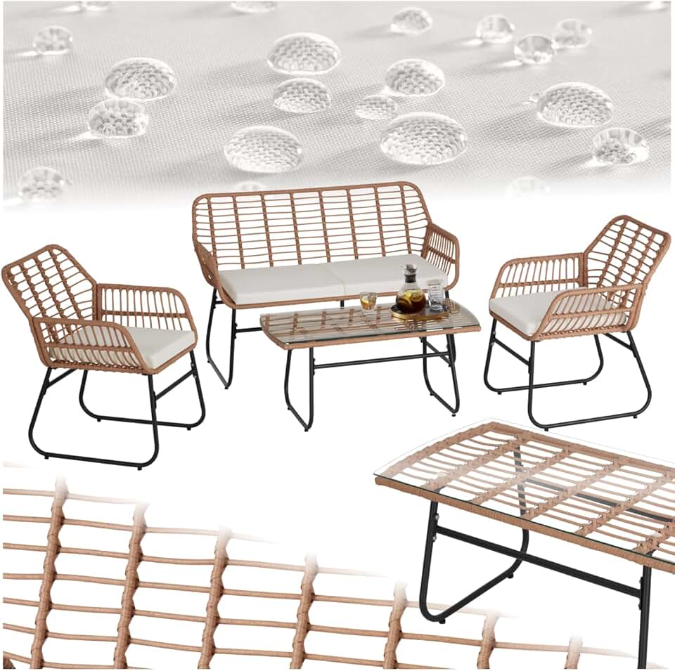 jardinite - salon de jardin poly rotin 4 pcs, coussins, plateau verre 401206