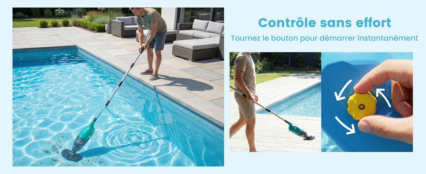 Le texte indique « contrôle sans effort ». Composite montrant des scènes de nettoyage de piscine : personne avec un filet de piscine, gros plan d'un outil de nettoyage et activité à la surface de l'eau.