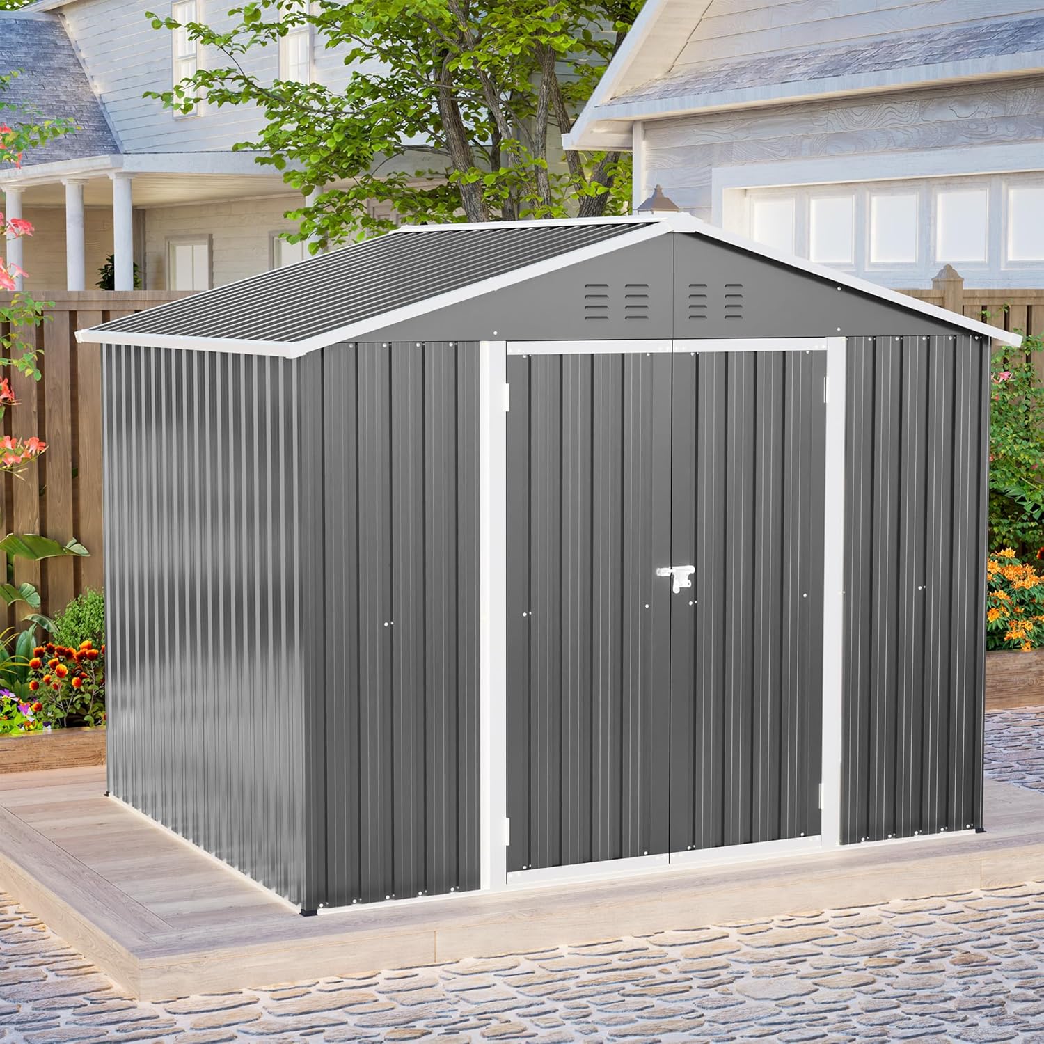 Abri de jardin métal – robuste, 2,4 x 1,8 m, porte rabattable, résistant intempéries, terrasse
