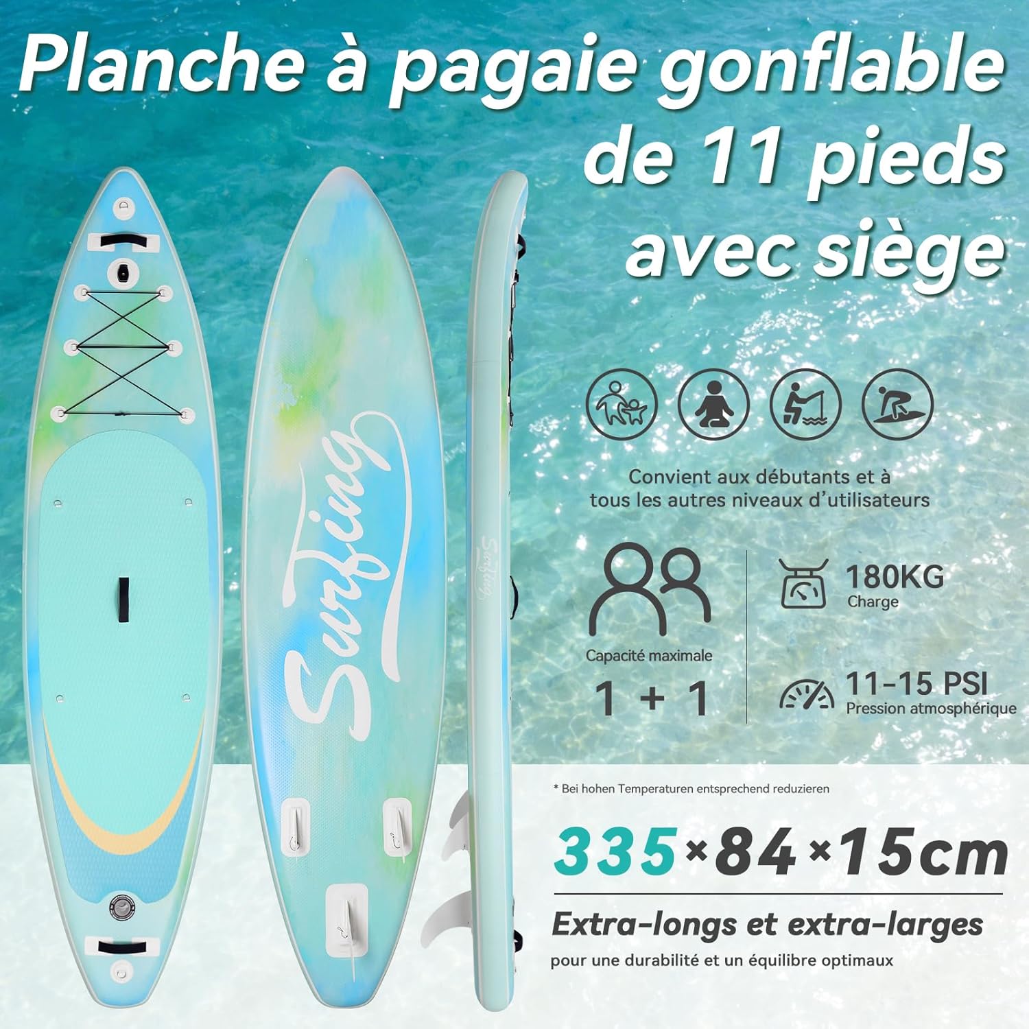 jardinite - paddle gonflable adulte - 320/335cm - 2 places, siège kayak, pagaie alu, support caméra, pompe, 150 kg