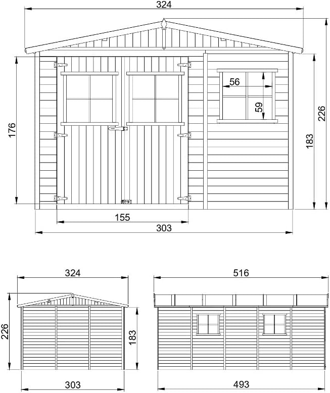 ABRI de Jardin en Bois Exterieur avec Les PLANCHERS IMPRÉGNÉ - Chalet en Pin/épicéa- H226x324x516 cm/15 m²- Construction de Panneaux- Rangement pour vélos, Remise à Outils- jardinite M337+M337G