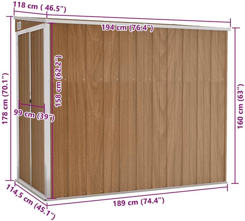 jardinite Abri de Jardin Mural Marron 118x194x178 cm Acier galvanisé, Maison & Jardin, Pelouses & Jardins, Vie en extérieur, Structures extérieures, Cabanes & abris de Jardin, Brun, (Poids 31.54KG)