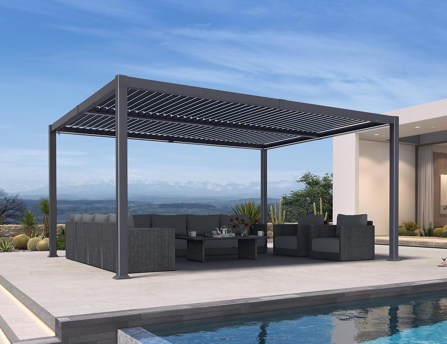 jardinite - Pergola bioclimatique alu 4x4.6m, lames LED, durable