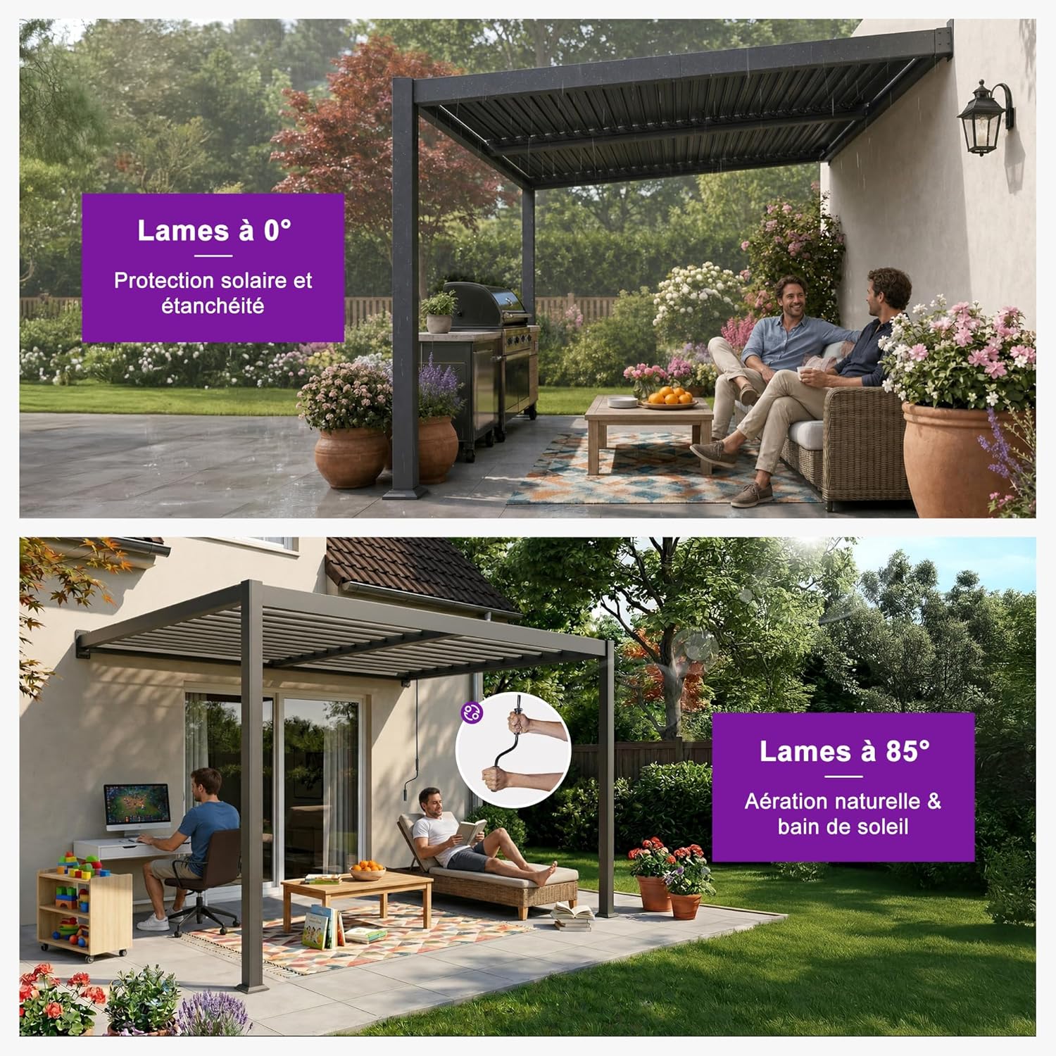 jardinite - Pergola bioclimatique adossée - 3x4,25m - aluminium, lames orientables, résistante UV et pluie
