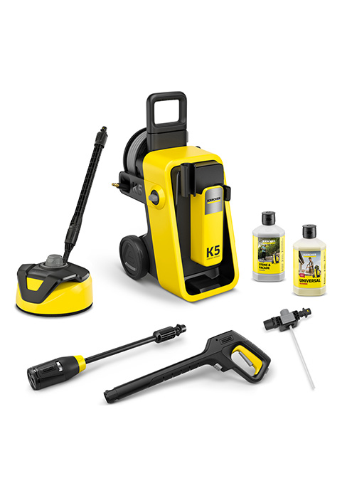 Image identique à la Figure 6 - Affichage de l'équipement de nettoyage jardinite montrant le nettoyeur haute pression et ses accessoires dans une palette de couleurs jaune et noir.