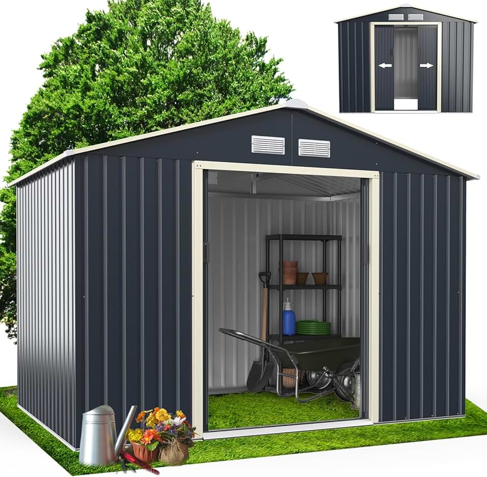 jardinite Abri de Jardin Métal 5m2 avec Porte Coulissante Toit en Pente, Cabane de Jardin Extérieur 277x192x202cm Bricolage Rangement Cananon de Jardin résistant aux intempéries