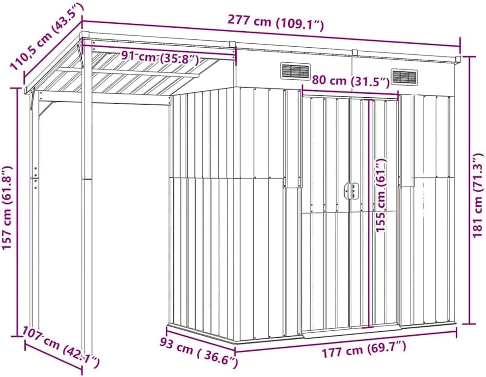 jardinite Abri de Jardin avec Toit prolongé Vert 277x107x181 cm Acier, Maison & Jardin, Pelouses & Jardins, Vie en extérieur, Structures extérieures, Cabanes & abris de Jardin, Vert, (Poids 41.56KG)