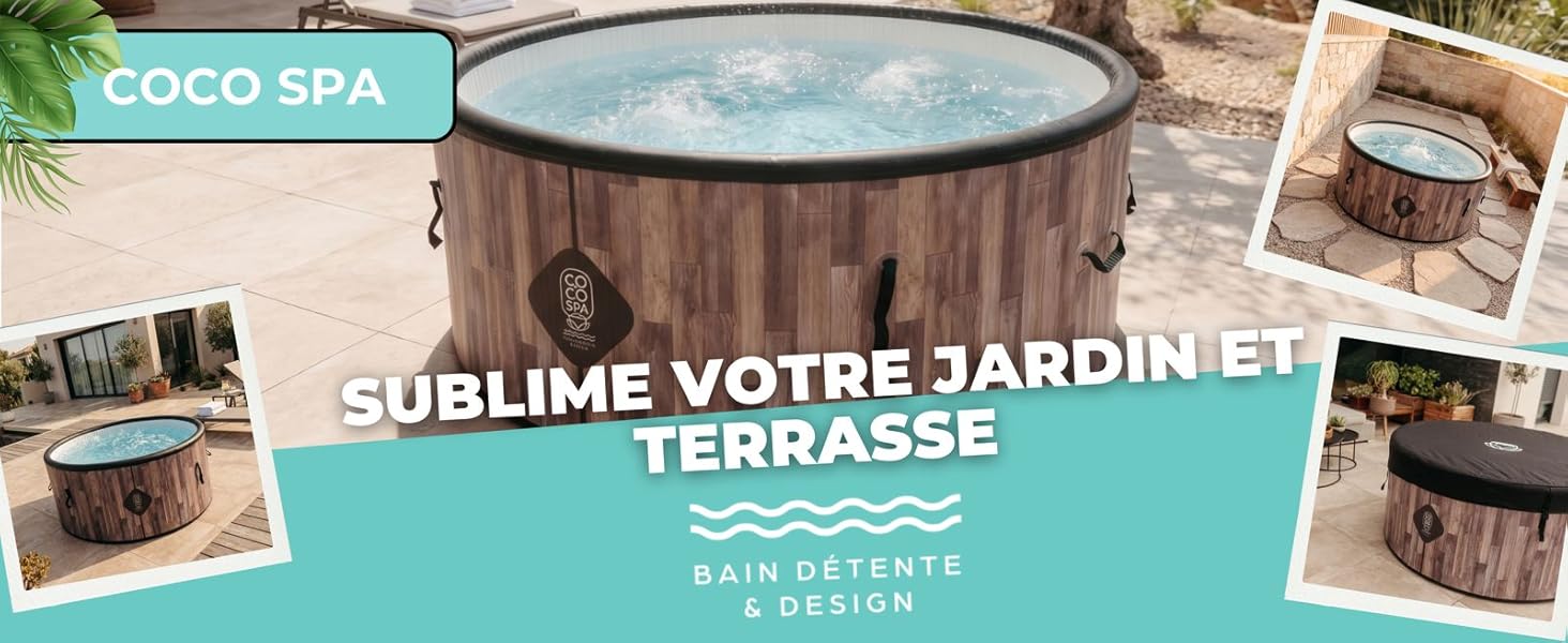 Le texte indique « ECO SPA » et « SUBLIME VOTRE JARDIN ET TERRASSE ». Bannière turquoise avec photos de produits montrant des scènes de jardin extérieur et de terrasse.