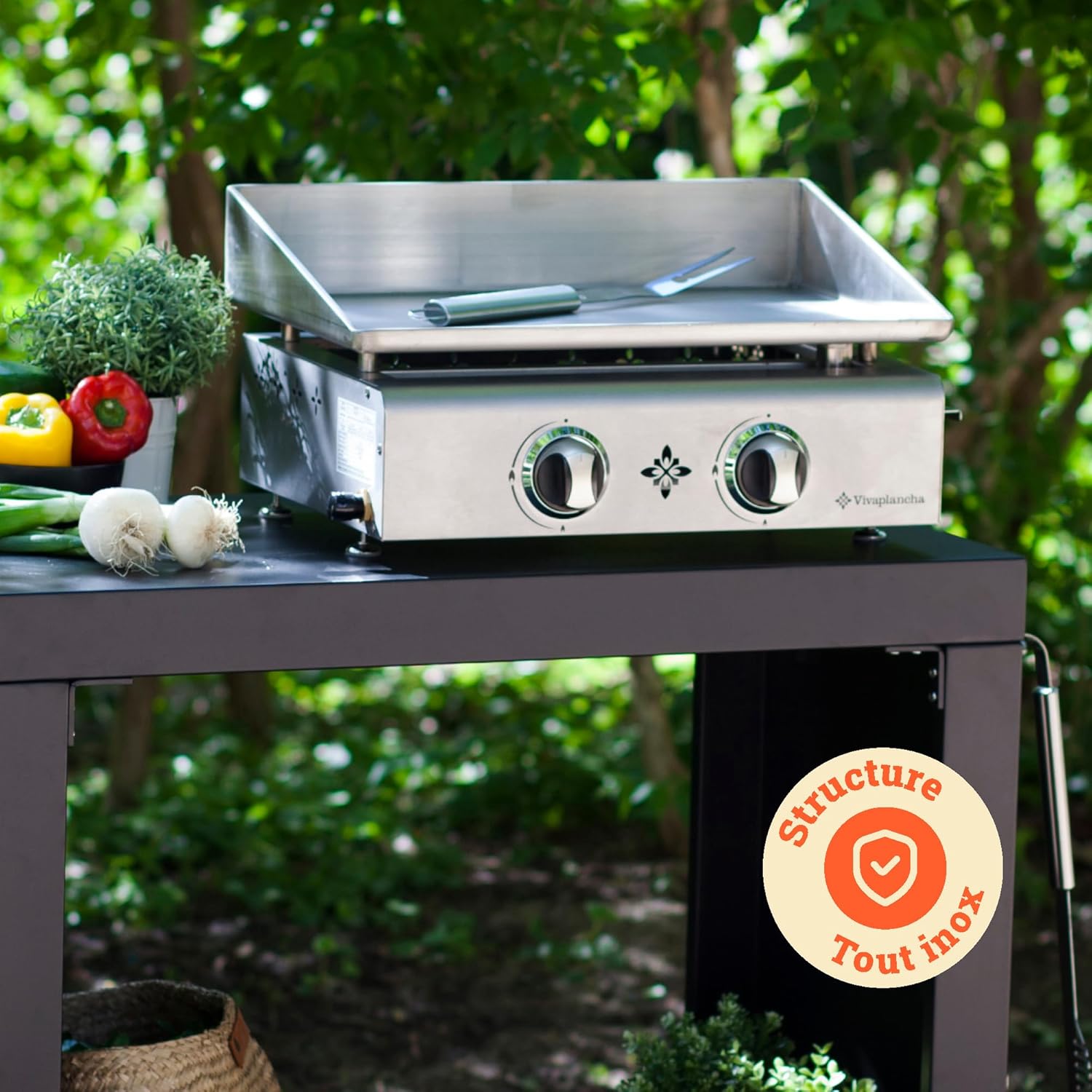 Flamenco - Plancha Gaz Inox - 53x35 cm - 2 brûleurs, plaque 6 mm, 5kW