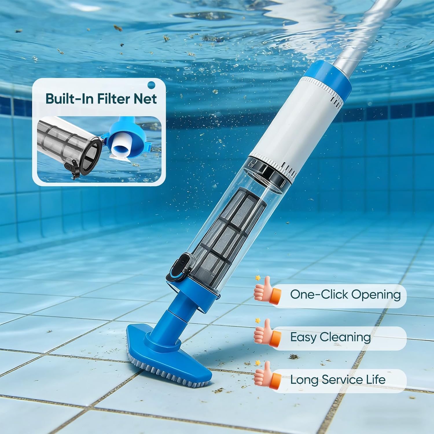 Aspirateur piscine 3 en 1, télescopique 103,5-162,5 cm, rechargeable, puissant, 3 brosses, capteur automatique