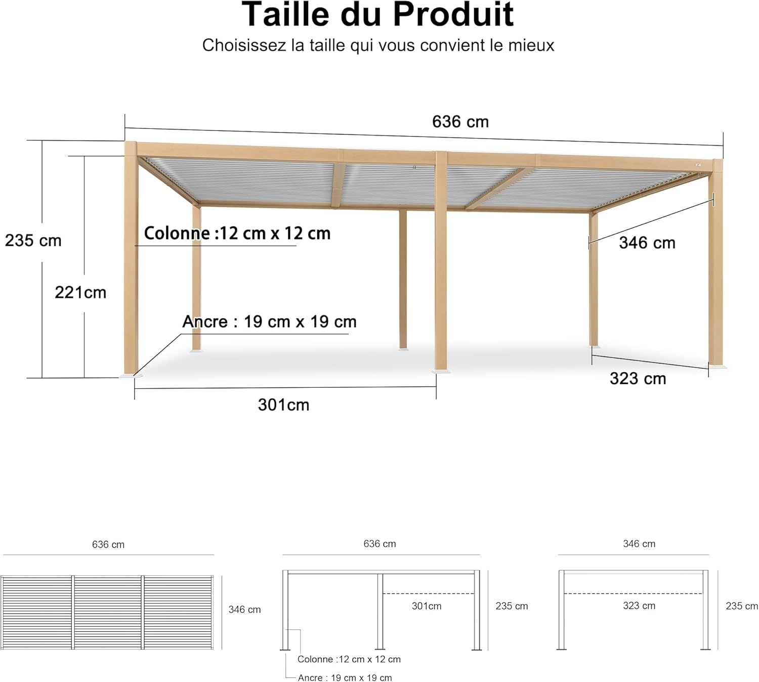 jardinite - Pergola effet bois - 3.5x6.35m - LED, lames orientables, étanche