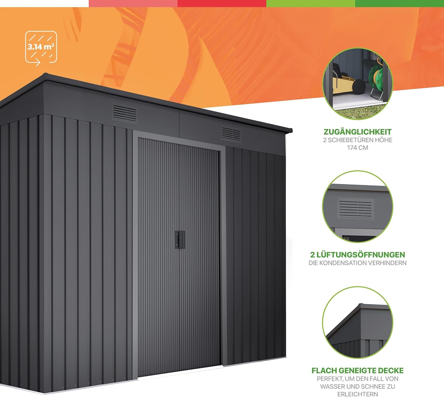 Abri de Jardin en métal 3,14m2 Light Anthracite - 238x130x202cm - 2 caillebotis - Anthracite - Double Porte coulissante - Rangement extérieur