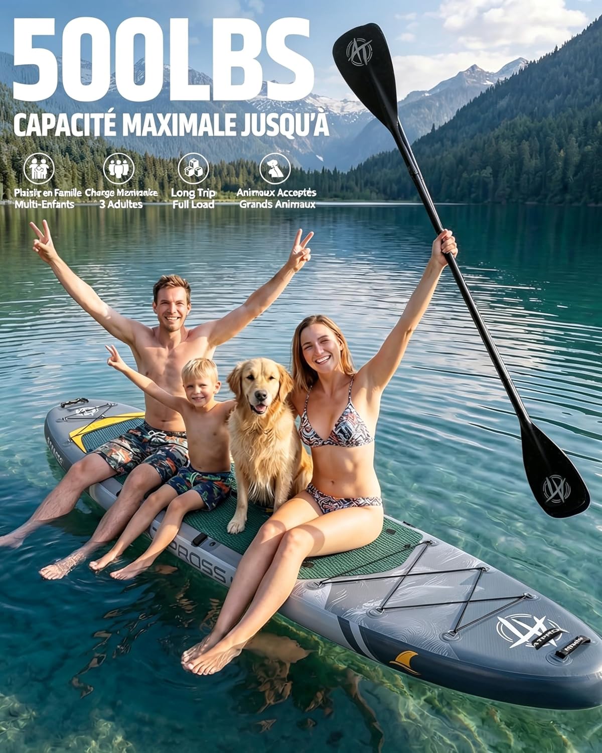 Planche de Paddle Gonflable Adulte avec Siège Kayak & Accessoires, 366x92cm Sup Extra Large & Stable, Charge 240kg, Kayak Gonflable 2 Places pour Yoga, Pêche et Surf