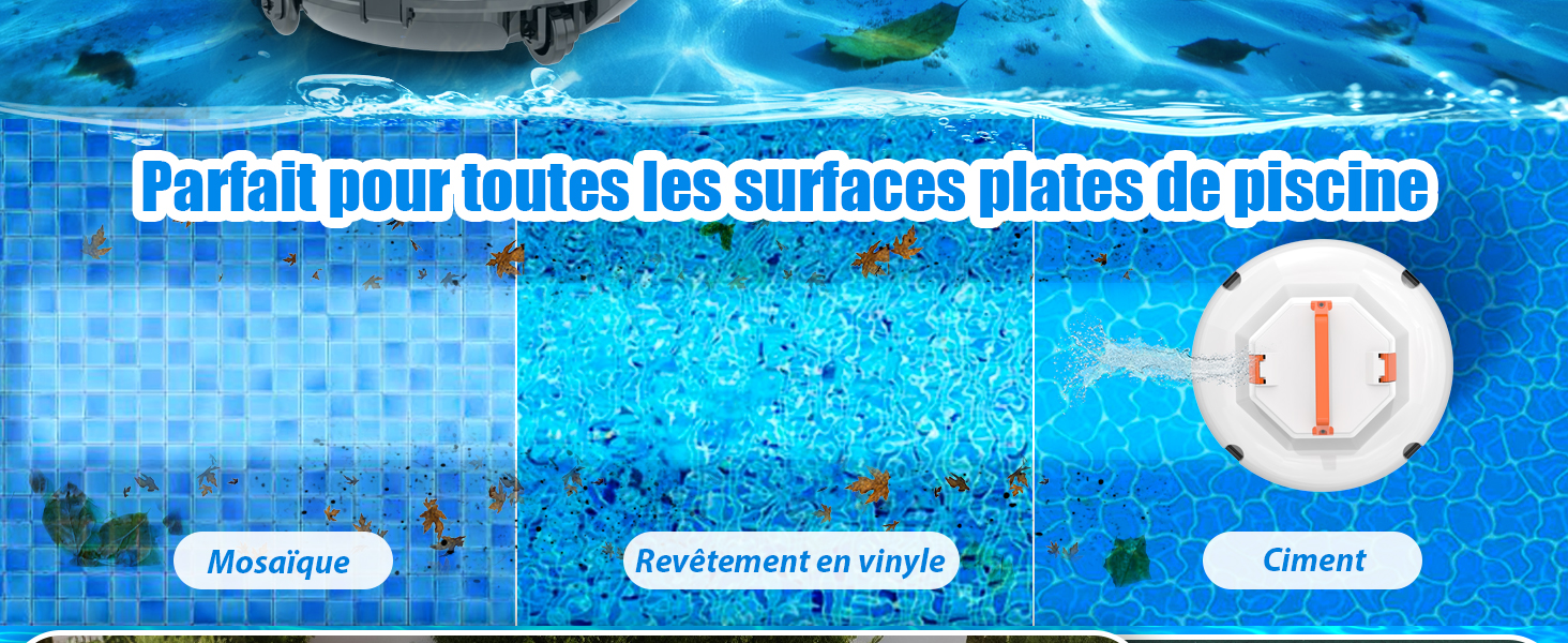 Série d'images de piscines montrant des lumières sous-marines illuminées et des mosaïques, avec des commandes d'interface pour les paramètres d'éclairage visibles.
