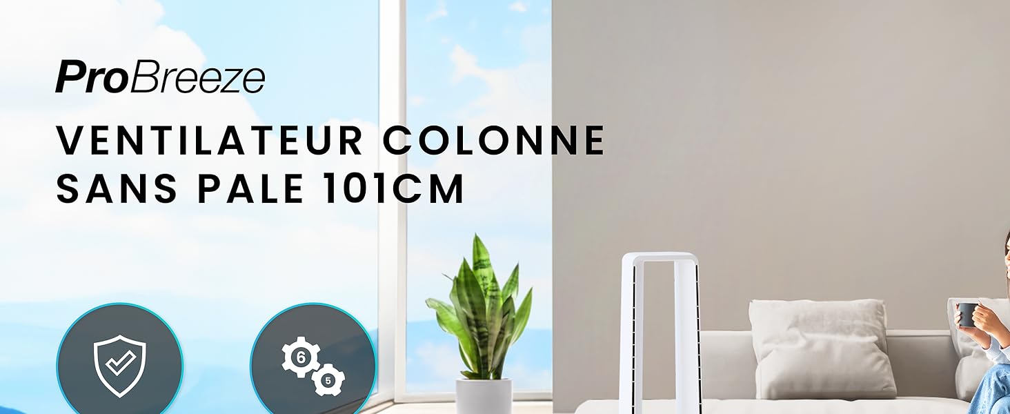 dans un salon. La télécommande est visible. Le texte indique qu'il s'agit d'un ventilateur à colonne sans lame de 101 cm appelé