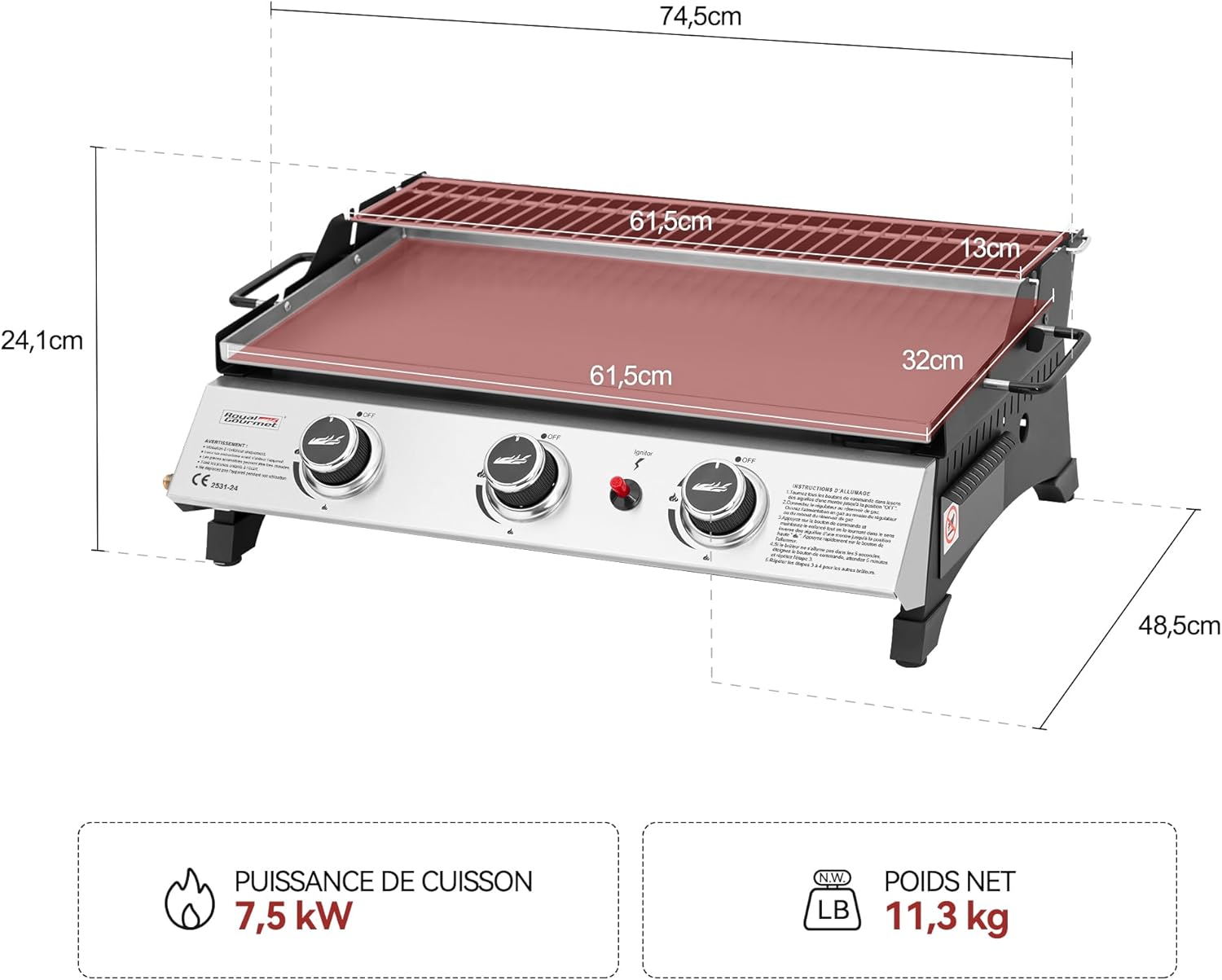 jardinite - Plancha gaz inox 3 brûleurs 61,5x32cm, 7,5kW, usage extérieur