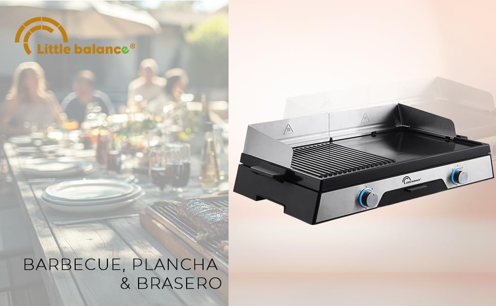 Le texte indique « BARBECUE, PLANCHA & jardinite » avec logo. Plaque chauffante de table noire ou grill portable avec panneau de commande affiché sur le plan de travail.