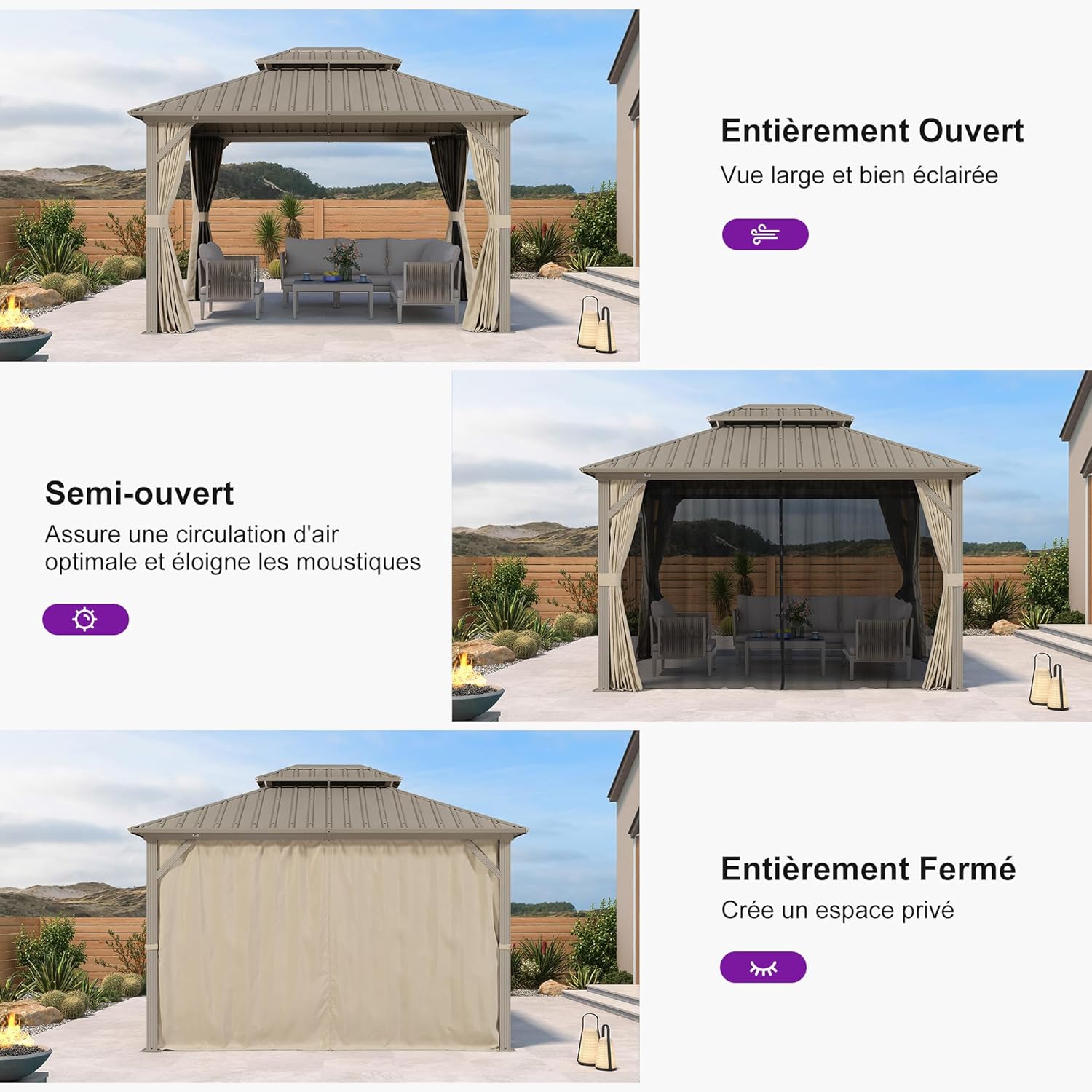 jardinite - pergola aluminium - 3,65x3m - double toit, moustiquaire, rideaux