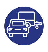 un cercle bleu avec un panneau blanc indiquant une voiture et un camion.