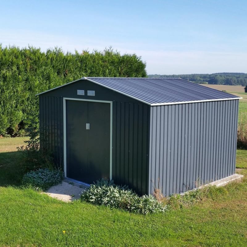 Abri de Jardin Métal anthracite 10,85m², parois 175cm, fenêtre, kit ancrage