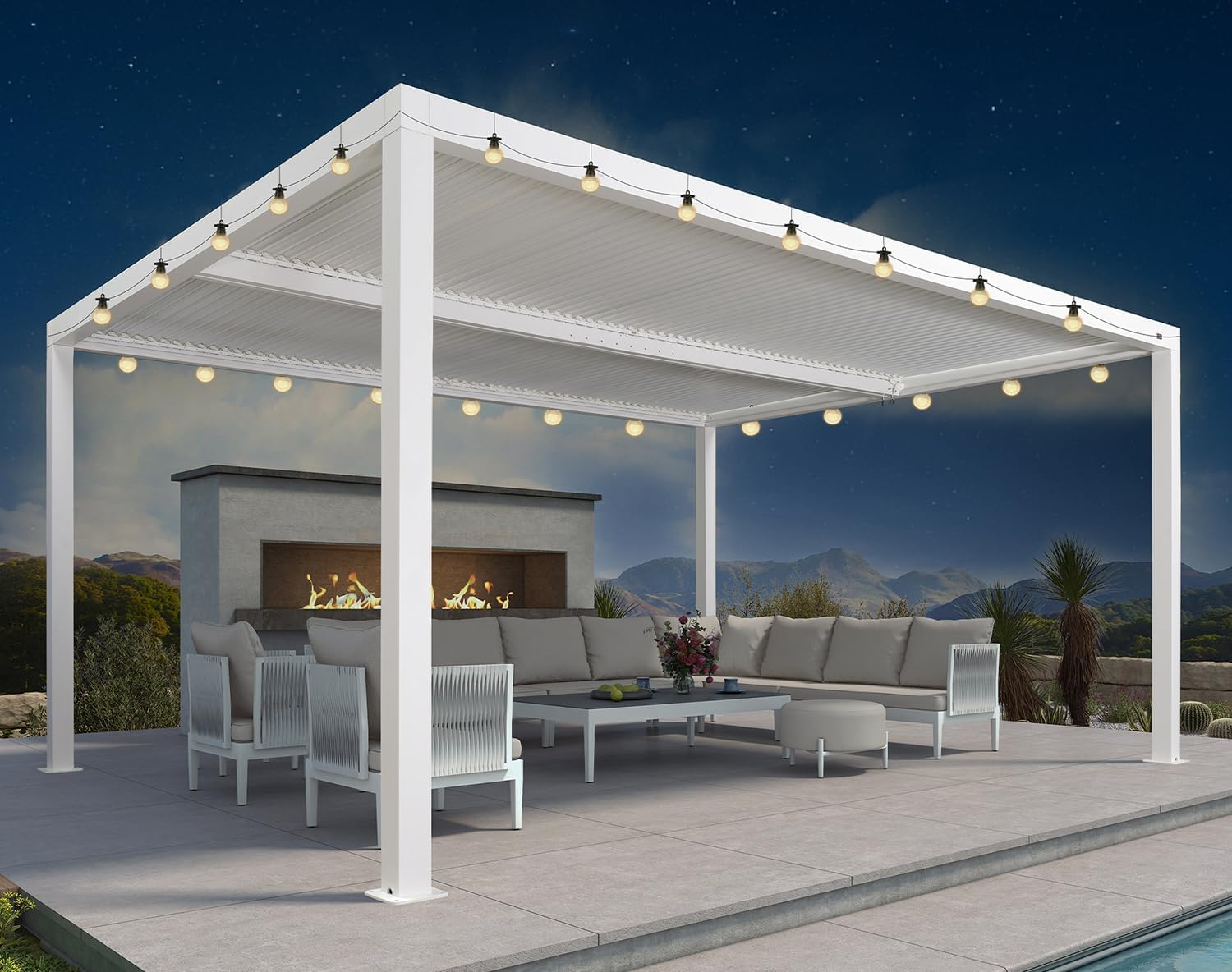 jardinite - Pergola bioclimatique - 4,8x3,68m - lames orientables, éclairage intégré, aluminium, blanc