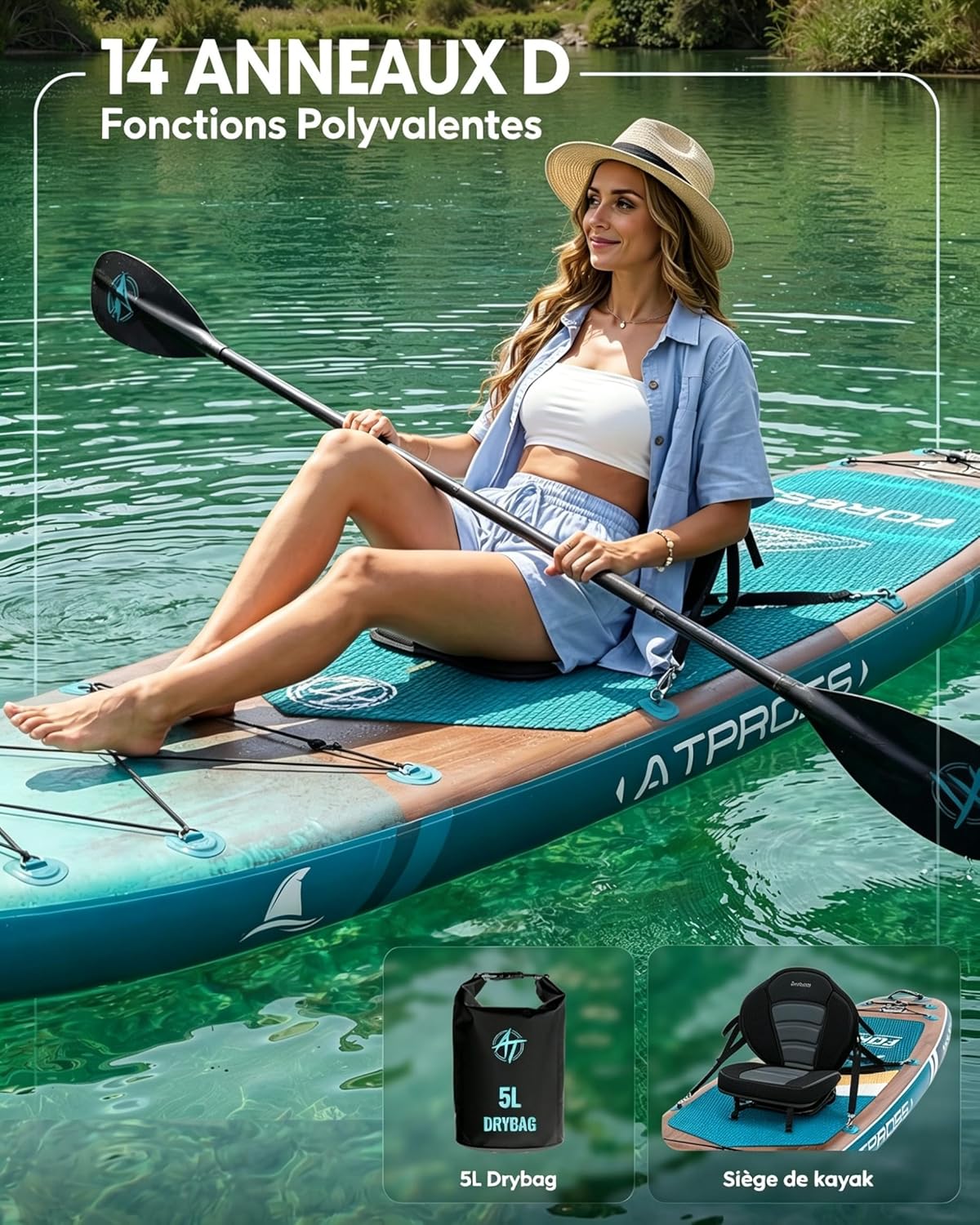 Stand Up Paddle Gonflable Adulte avec Siège Kayak & Accessoires, 320x84cm Planche de Sup Extra Large pour 2 Personnes, Charge 200kg, Kayak Gonflable 2 Places Stable et Antidérapant pour Surf