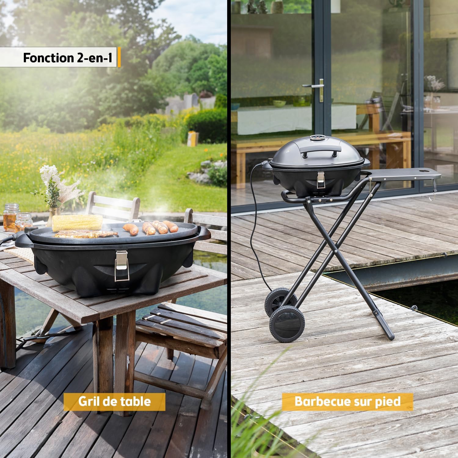 jardinite - Barbecue 2-en-1 pliable 2400W, couvercle, chariot, thermomètre - TZSFA5350-6