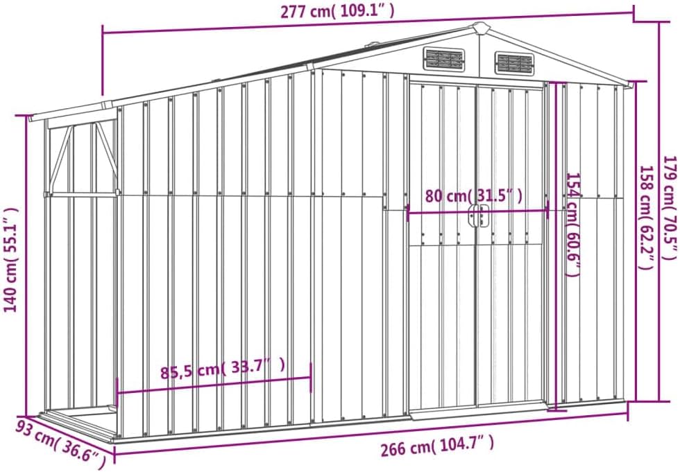 Abri de jardin vert 277 x 93 x 179 cm en acier galvanisé avec toit incliné et ouvertures d'aération pour outils de jardin et stockage du bois de chauffage