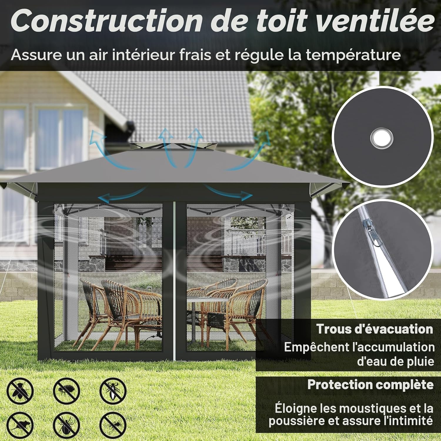 Tonnelle de jardin - Pop Up 4x4m - imperméable, UV, moustiquaires, hauteur réglable