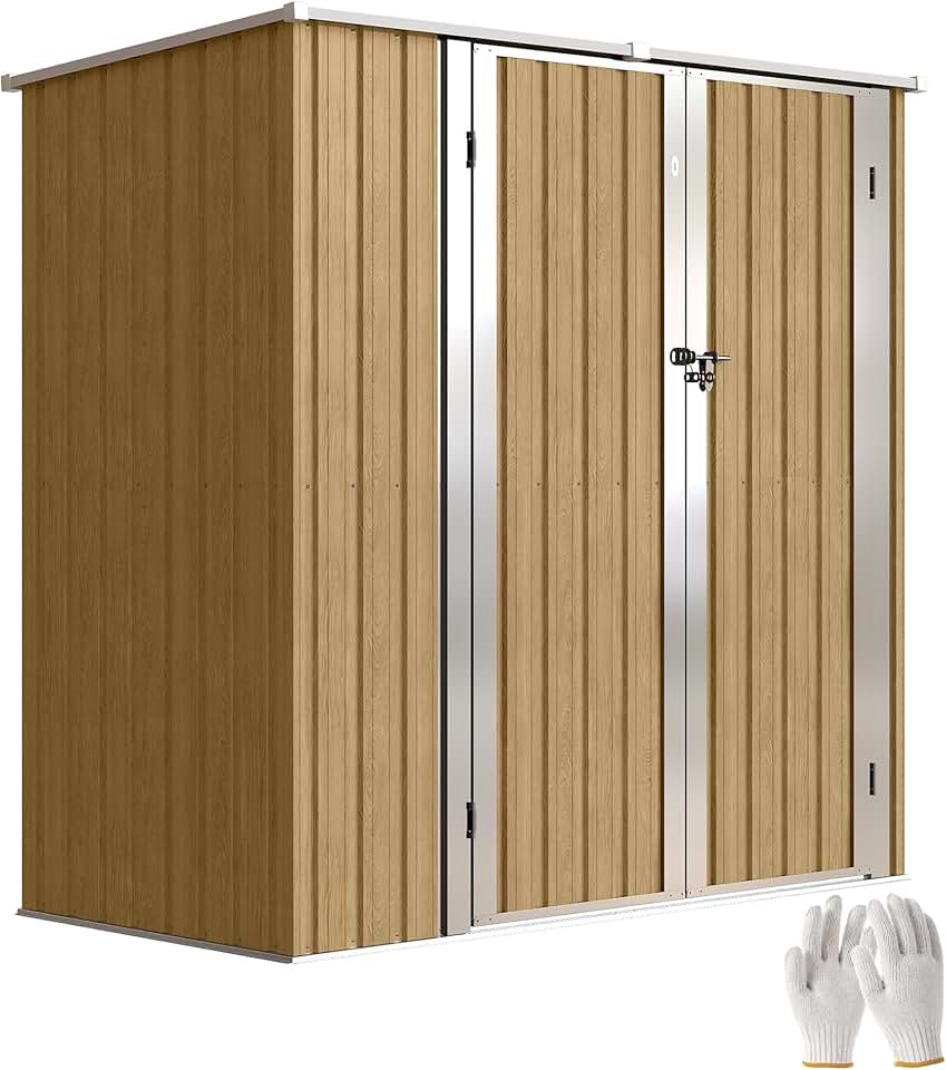 jardinite Abri de Jardin d'extérieur 1,37 m², 163 x 89 x 163 cm, abri de Jardin métallique d'extérieur avec Toit en Pente, Portes à loquet et poignées pour Le Rangement des Outils, Marron Clair