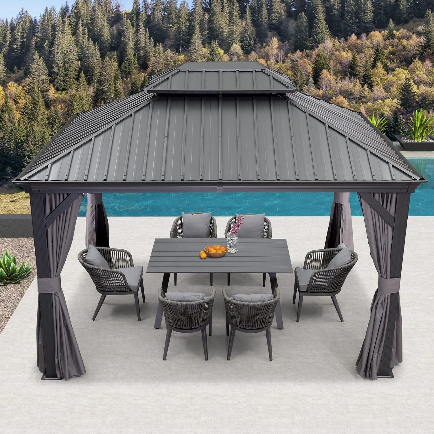 jardinite - pergola double toit acier 4x3m, moustiquaire, rideaux