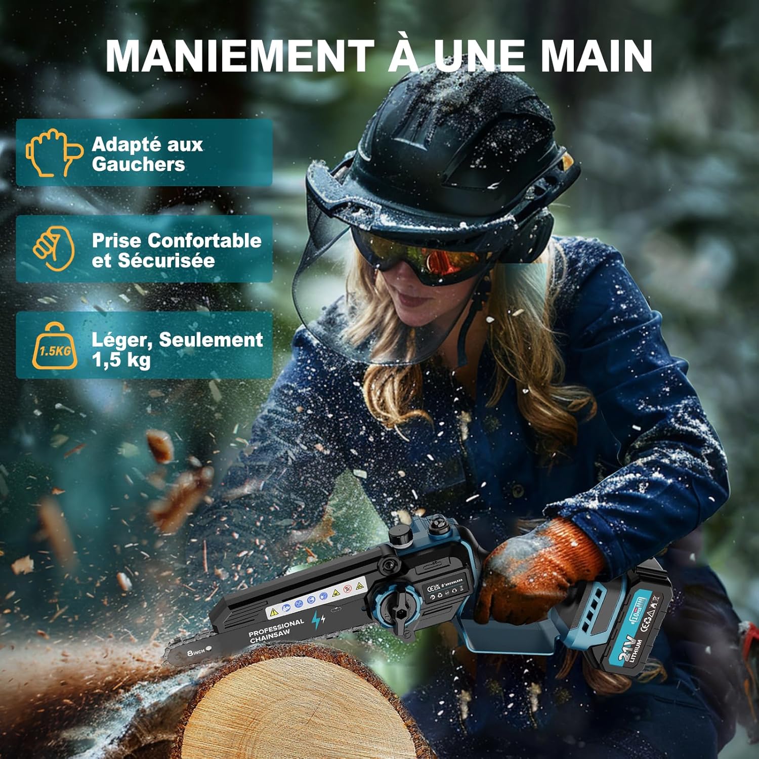 8 Pouces Tronconneuse a Batterie, Mini Tronçonneuse Électrique Sans Fil Brushless à Batterie 8000mAh, avec Injecteur de Lubrifiant de la Chaîne pour la Coupe du bois, l'élagage le Jardin(1200W)