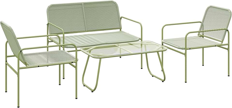 jardinite - salon de jardin 4 places acier résine vert - canapé, fauteuils, table