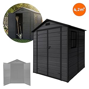 Cabanon de rangement extérieur noir avec toit incliné et aspect bois patiné. L'encart circulaire montre les détails de la porte verrouillable. Tapis de sol rectangulaire blanc présenté séparément. L'étiquette de prix orange est visible.