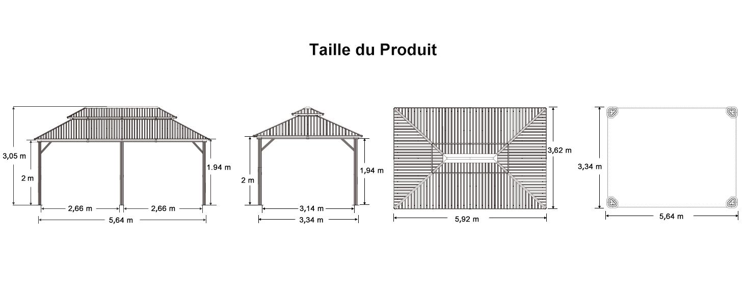 Dessin technique montrant les dimensions et la disposition d'une structure, probablement un bâtiment ou un abri. Vues multiples avec mesures en mètres.