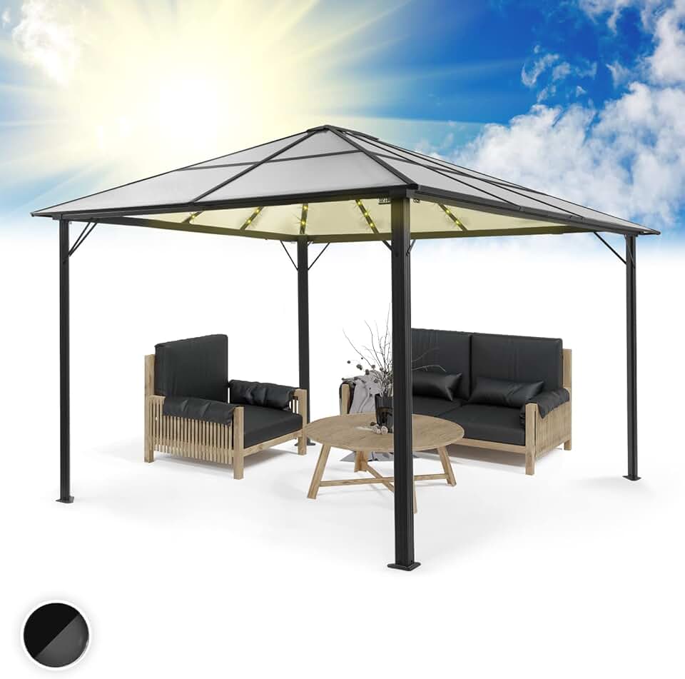 jardinite - Pergola aluminium série Jardin - 3x4m - toit polycarbonate rigide, éclairage LED, verre translucide