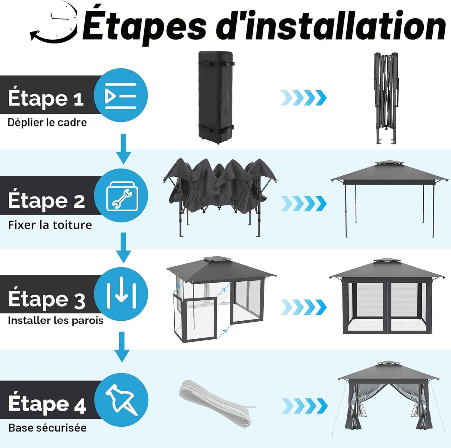 Tonnelle de jardin - Pop Up 4x4m - imperméable, UV, moustiquaires, hauteur réglable