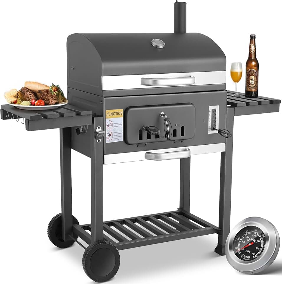 Barbecue au Charbon de Bois - XXL avec couvercle, roues, thermomètre - 152x136x60cm, grande capacité