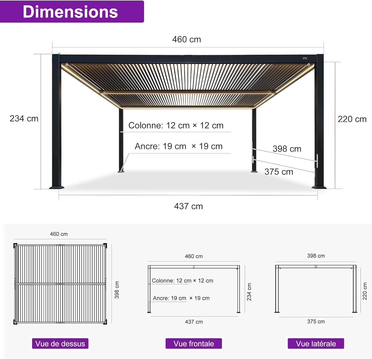jardinite - Pergola bioclimatique alu 4x4.6m, lames LED, durable