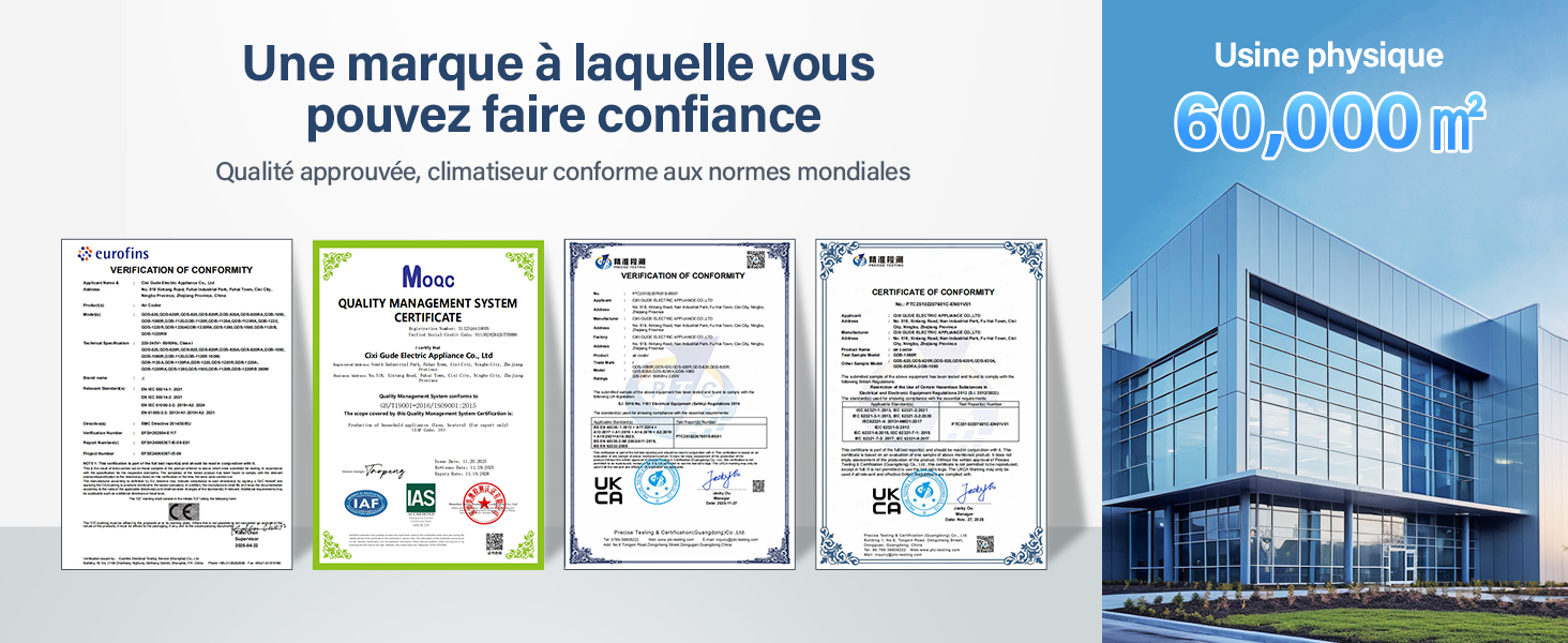 Le texte se lit comme suit : « Une marque à laquelle vous pouvez faire confiance », « Usine phénoménale », « 60 000 m² ». Quatre badges de certification et d'assurance qualité illustrés à côté d'une photographie extérieure d'un bâtiment commercial moderne.